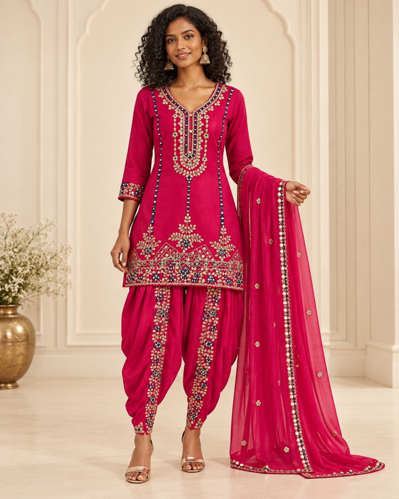 AAVARI Women’s Fuchsia Pink Embroidered Kurta, Dhoti Pants & Dupatta Set