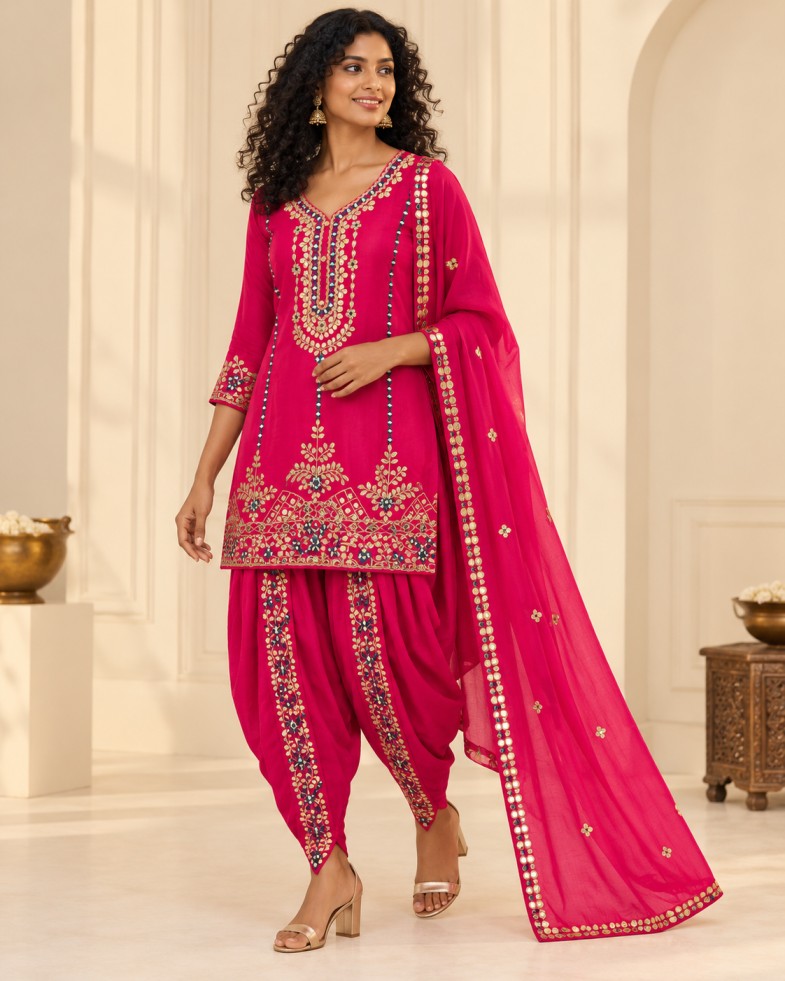 AAVARI Women’s Fuchsia Pink Embroidered Kurta, Dhoti Pants & Dupatta Set