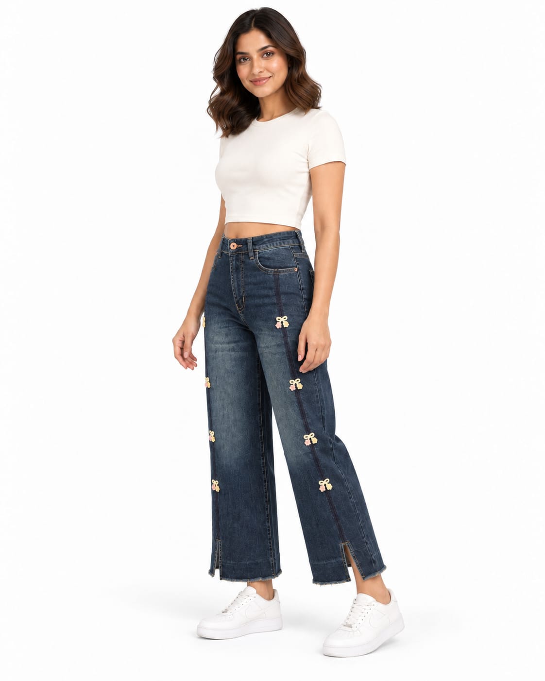 AAVARI Women’s Dark Blue High-Rise Wide-Leg Jeans with Bow & Floral Details and Split Hems
