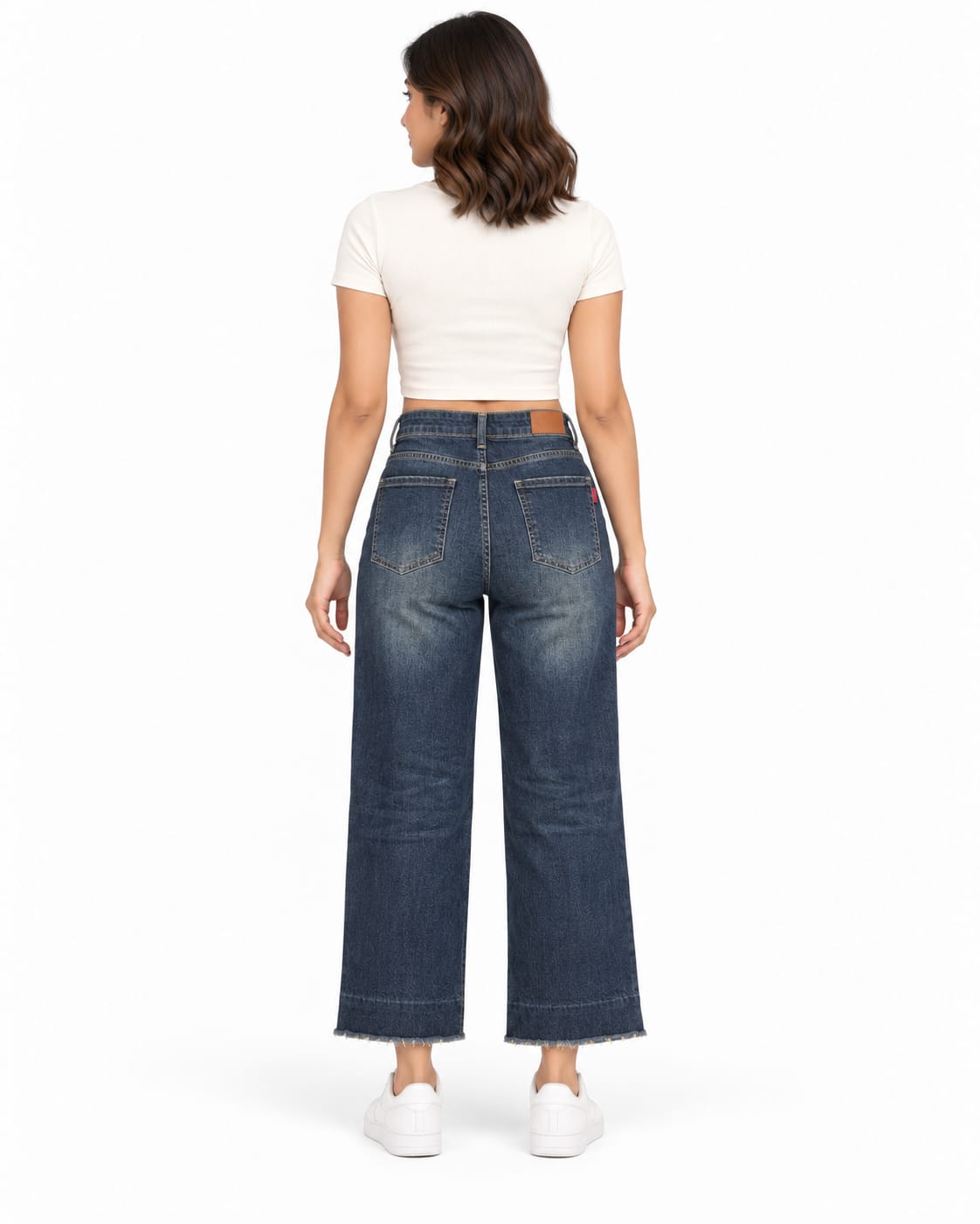 AAVARI Women’s Dark Blue High-Rise Wide-Leg Jeans with Bow & Floral Details and Split Hems
