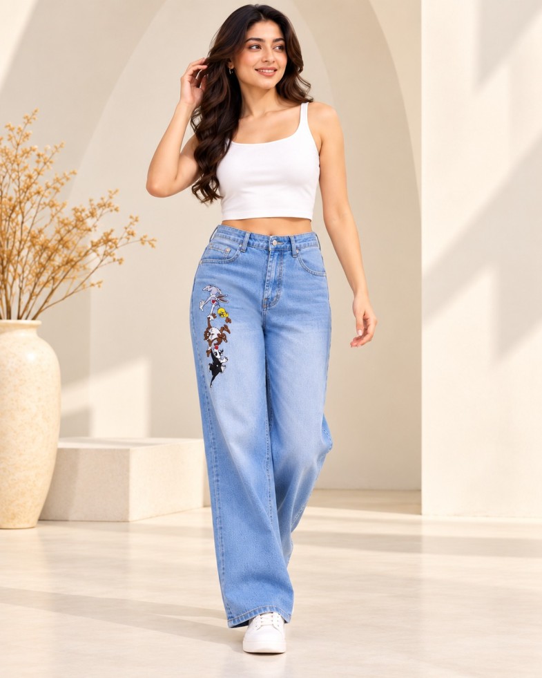 AAVARI Women’s Light Blue High-Rise Wide-Leg Jeans with Cartoon Graphic Detail