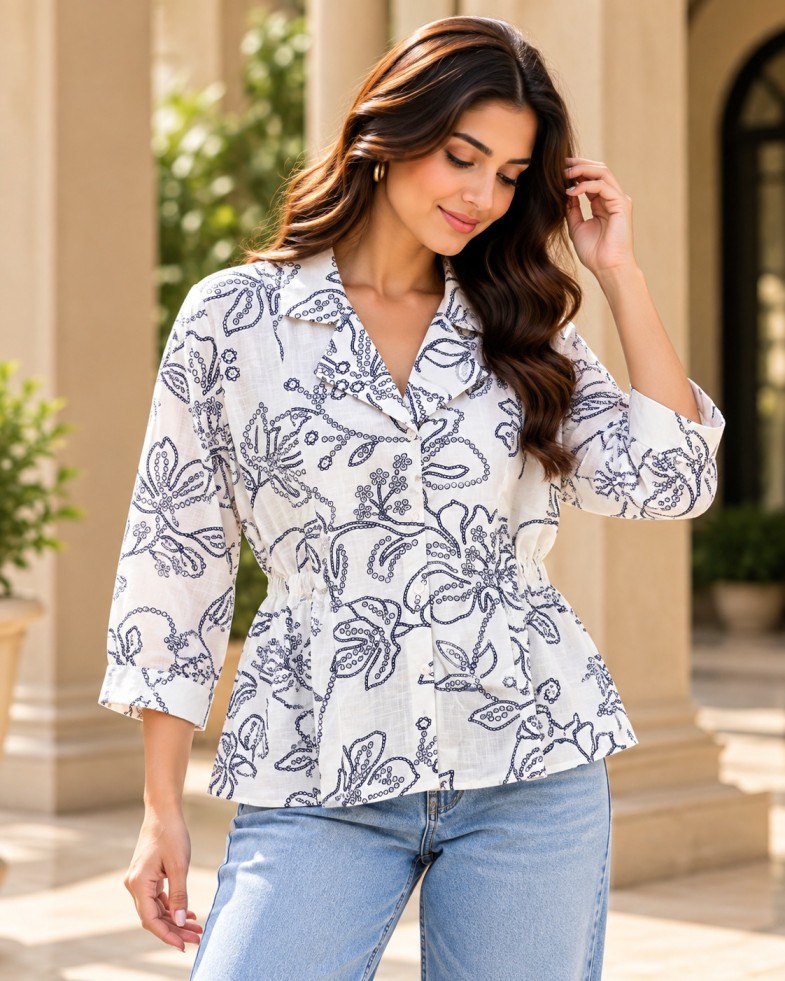 AAVARI Women White & Navy Blue Floral Printed Peplum Top
