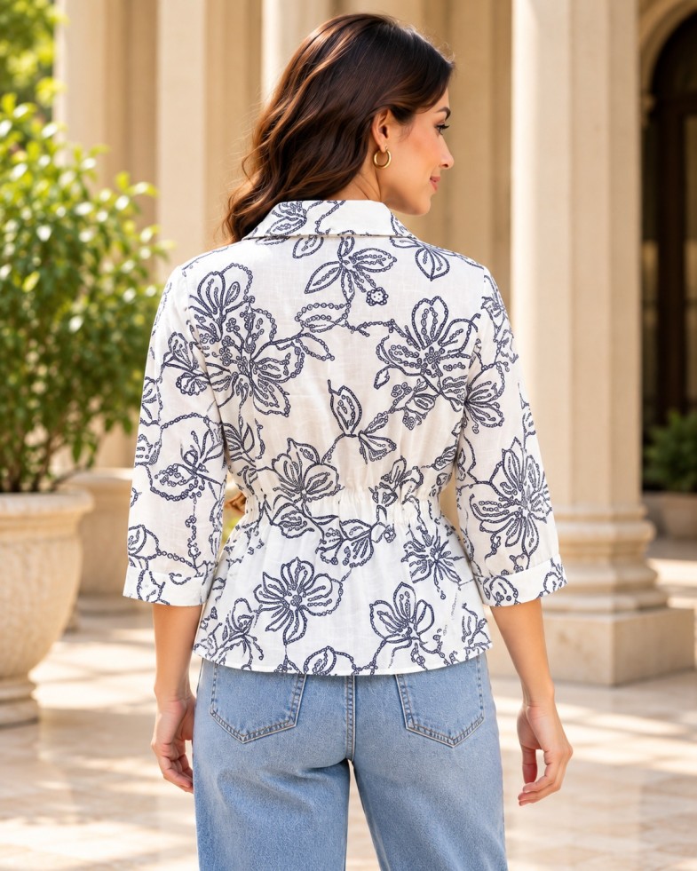 AAVARI Women White & Navy Blue Floral Printed Peplum Top