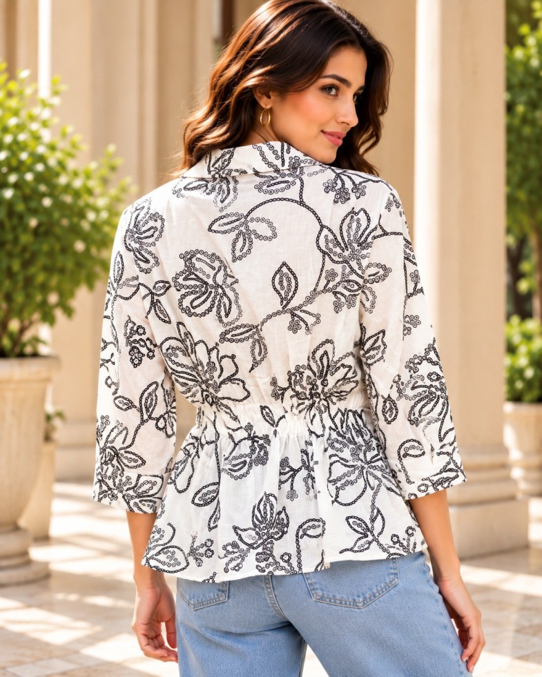 AAVARI Women’s White & Black Floral Peplum Top with Collared Neck