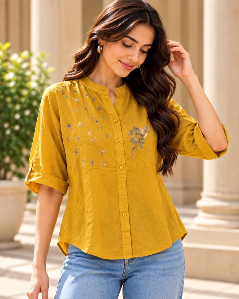 AAVARI Women’s Mustard Yellow Floral Embroidered Shirt-Style Top