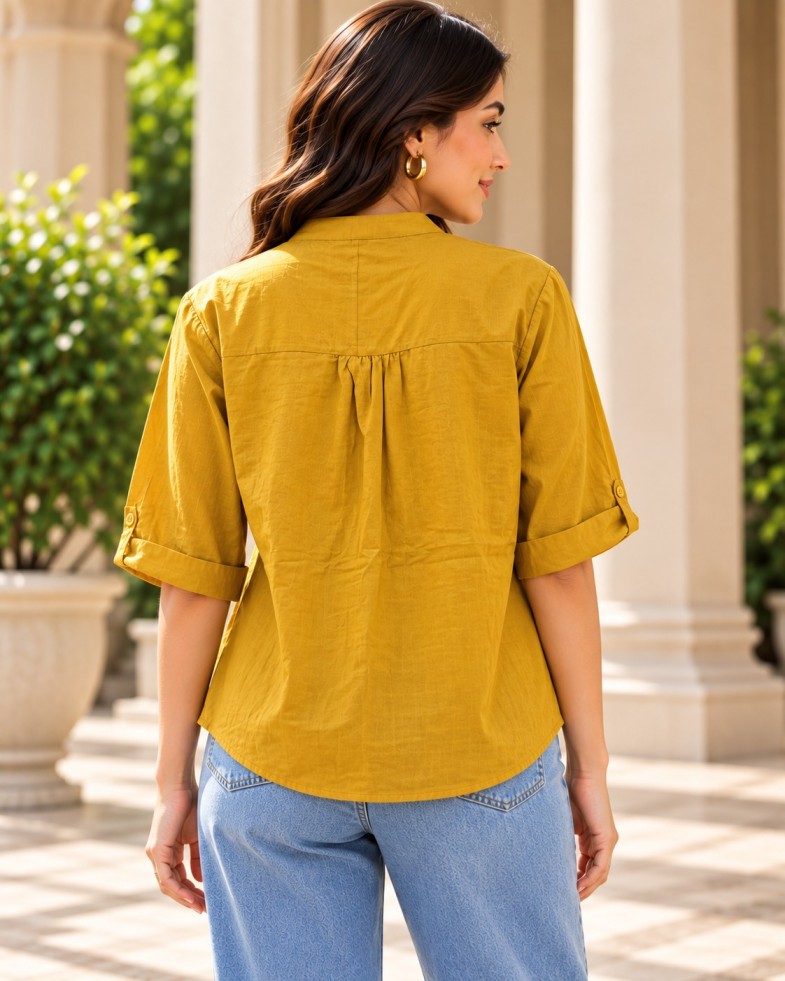 AAVARI Women’s Mustard Yellow Floral Embroidered Shirt-Style Top