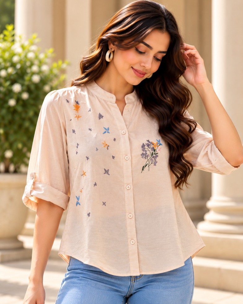 AAVARI Women’s Beige Floral Embroidered Mandarin Collar Shirt-Style Top