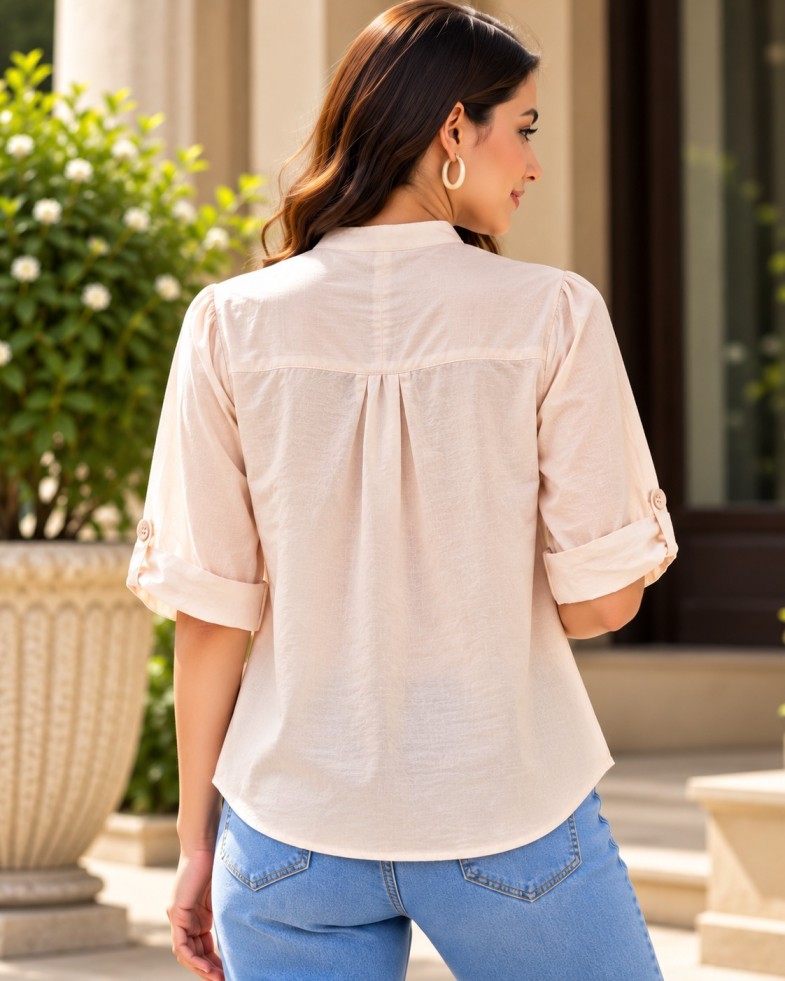 AAVARI Women’s Beige Floral Embroidered Mandarin Collar Shirt-Style Top