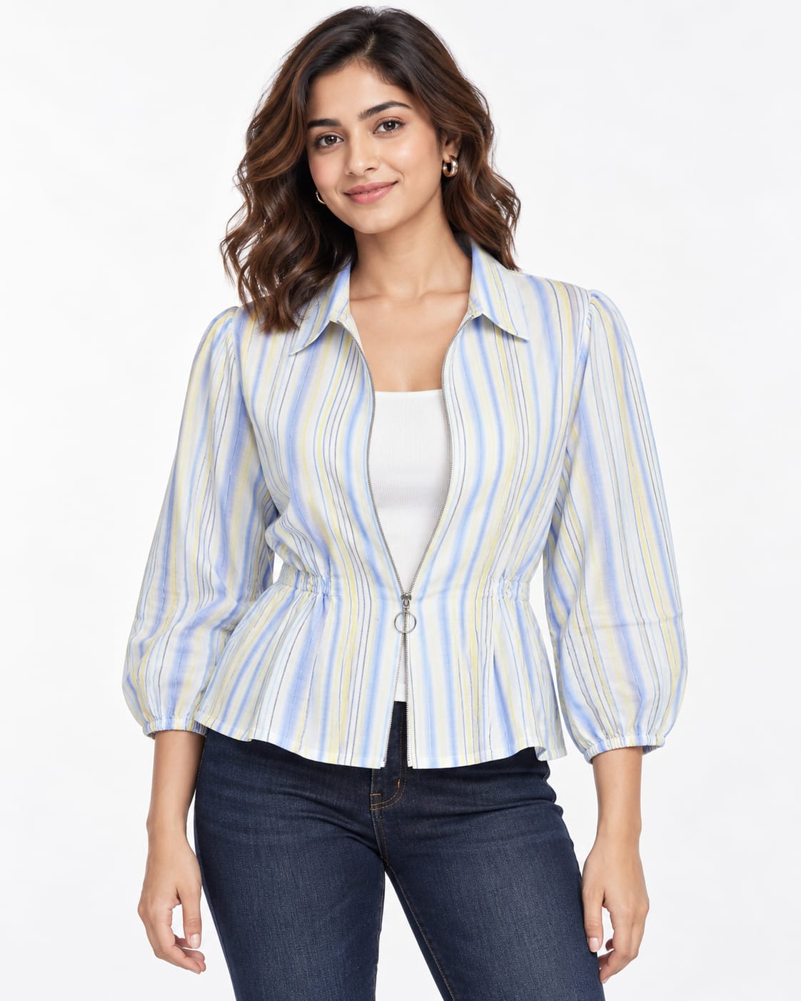 AAVARI Women’s Blue & Yellow Striped Zip-Front Peplum Top with Collar