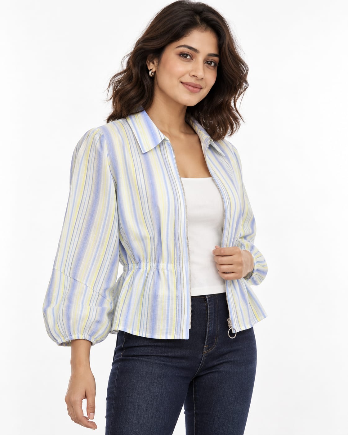 AAVARI Women’s Blue & Yellow Striped Zip-Front Peplum Top with Collar