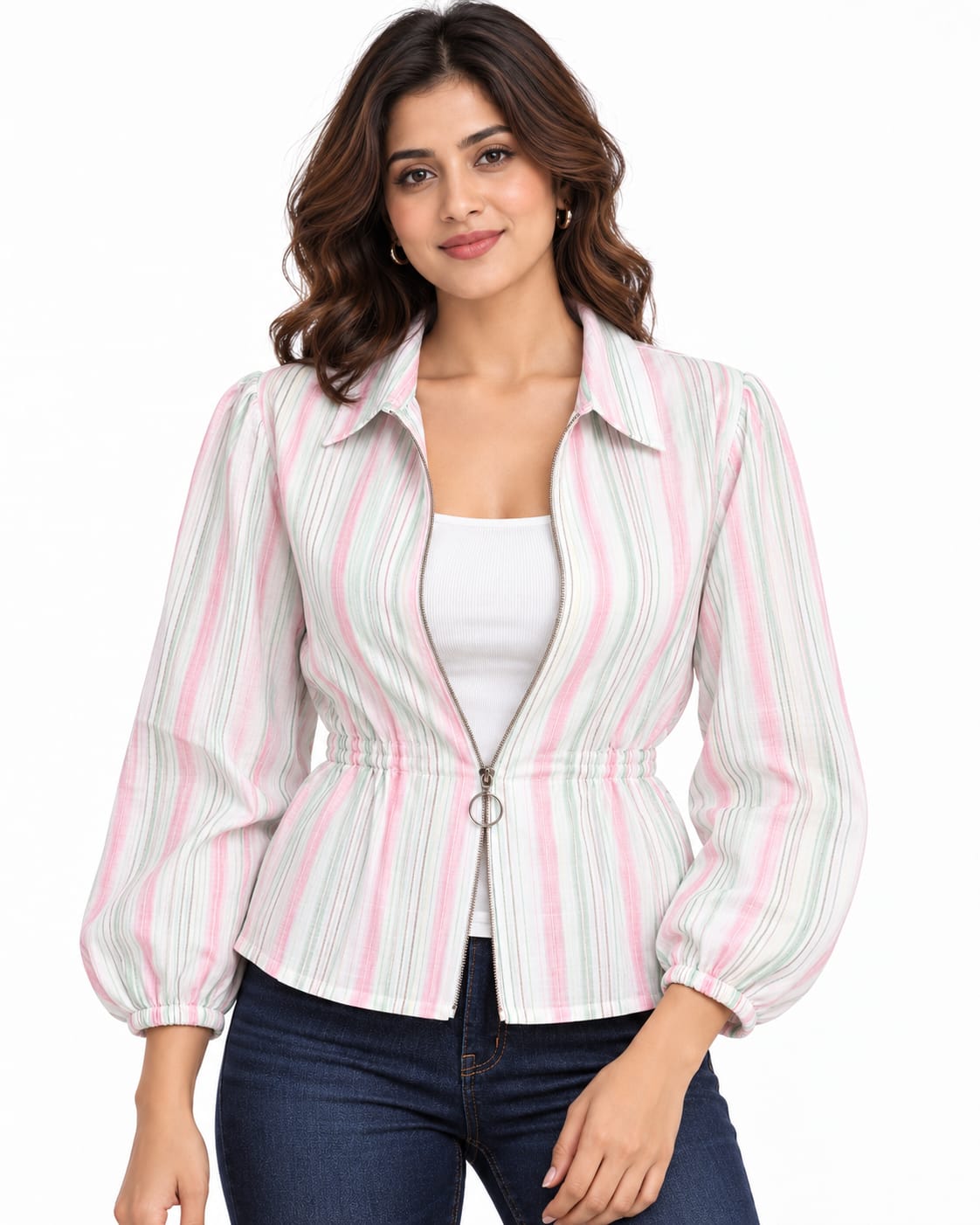 AAVARI Women’s Pink & Mint Striped Zip-Front Peplum Top
