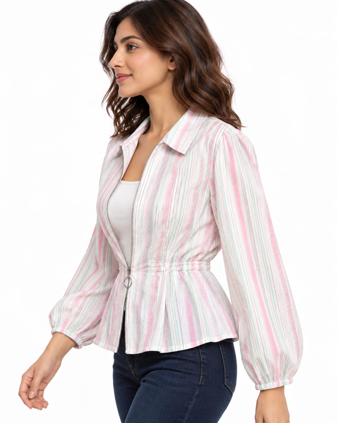 AAVARI Women’s Pink & Mint Striped Zip-Front Peplum Top