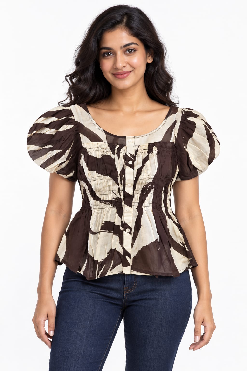AAVARI Women’s Brown & Cream Abstract Print Smocked Peplum Top