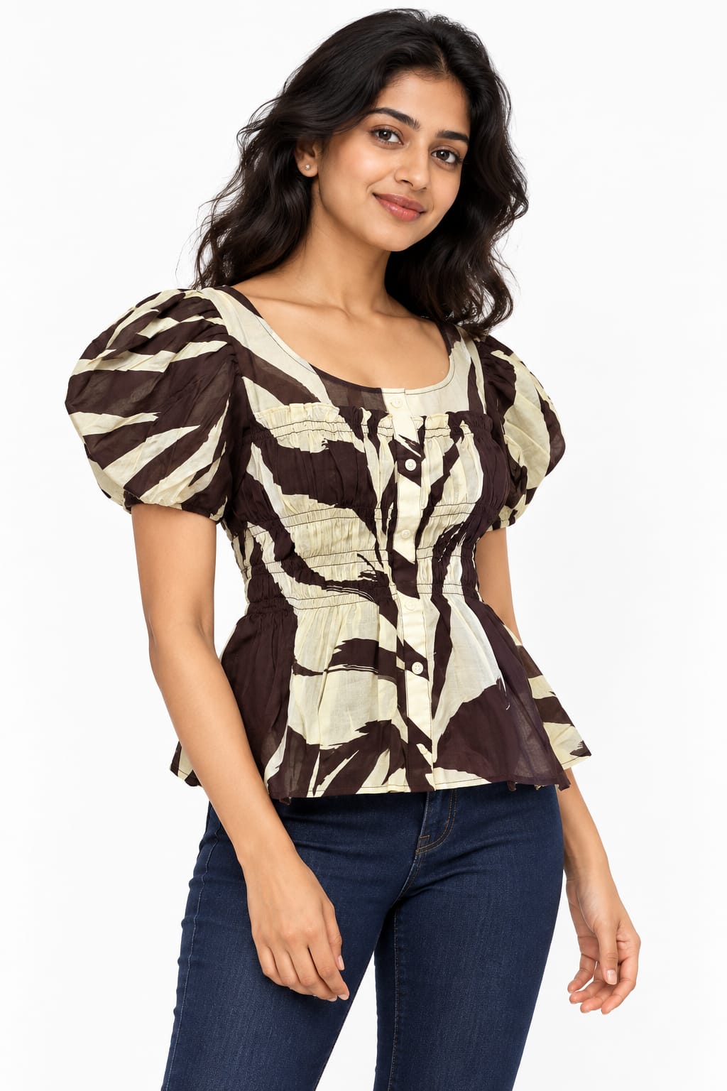 AAVARI Women’s Brown & Cream Abstract Print Smocked Peplum Top