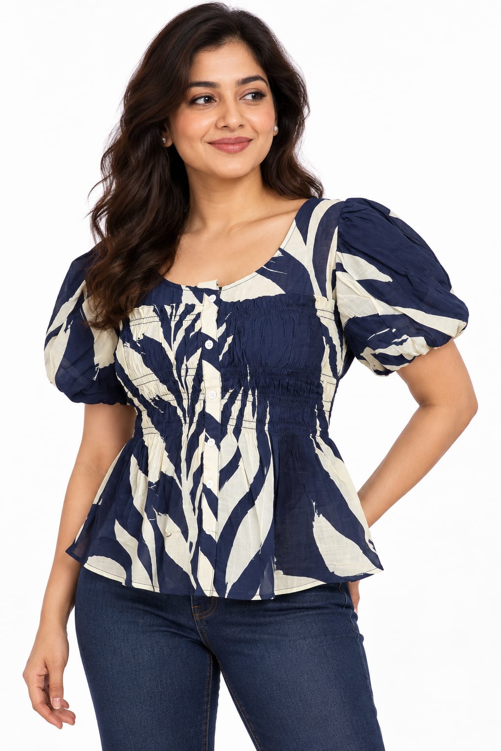 AAVARI Women’s Navy Blue & Cream Abstract Print Smocked Peplum Top