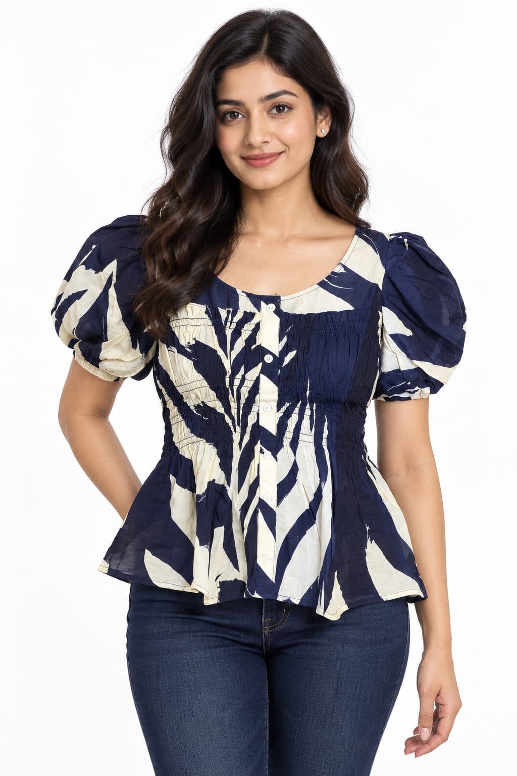 AAVARI Women’s Navy Blue & Cream Abstract Print Smocked Peplum Top