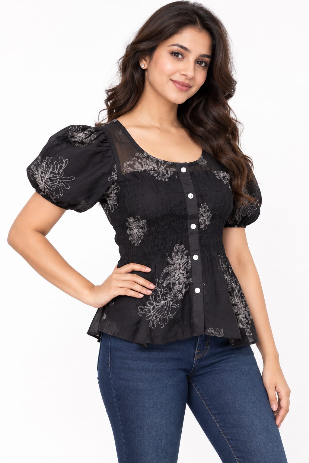 AAVARI Women’s Black Floral Smocked Peplum Top with Short Puff Sleeves