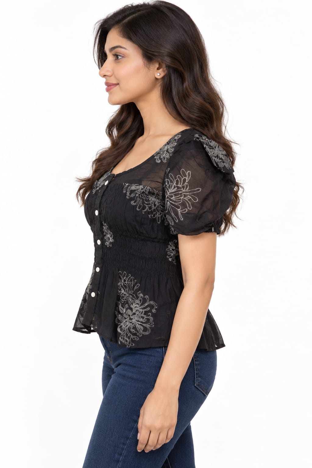 AAVARI Women’s Black Floral Smocked Peplum Top with Short Puff Sleeves