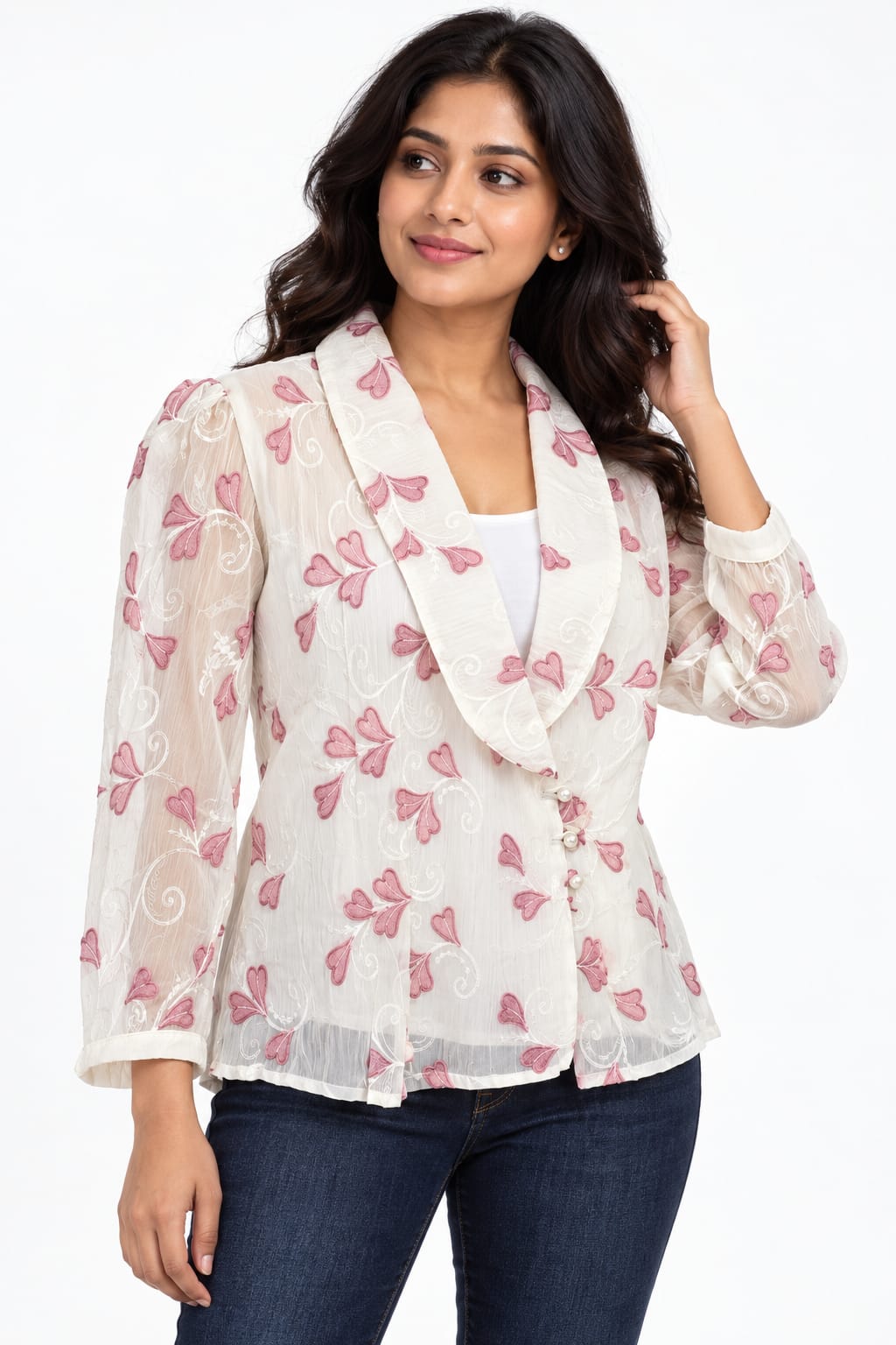 AAVARI Women’s Off-White Floral Embroidered Top with Shawl Collar