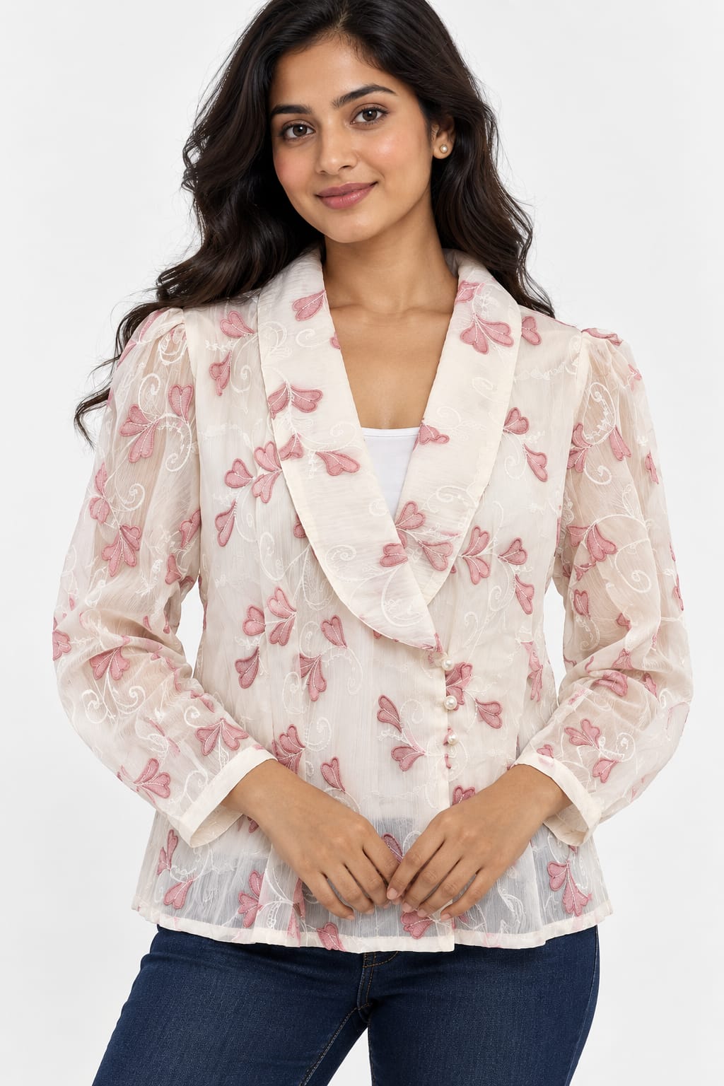AAVARI Women’s Off-White Floral Embroidered Top with Shawl Collar