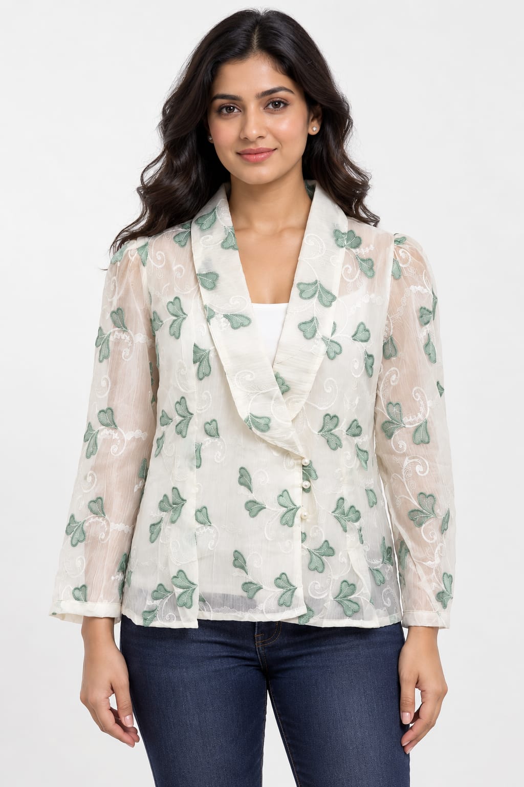AAVARI Women’s Off-White & Sage Green Floral Embroidered Top