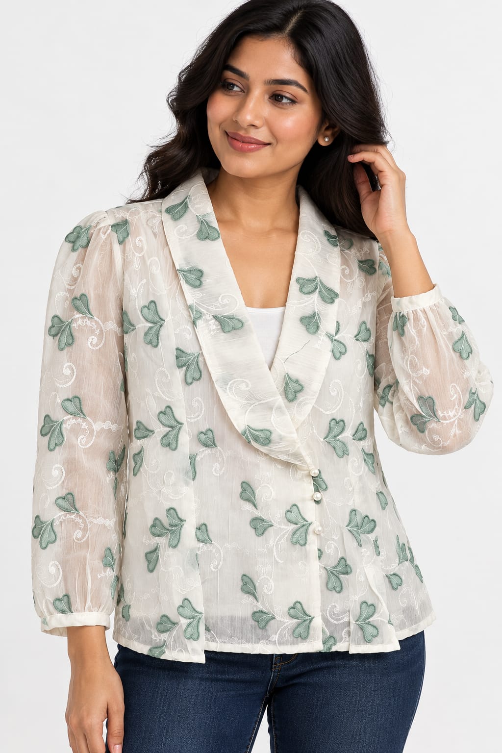 AAVARI Women’s Off-White & Sage Green Floral Embroidered Top