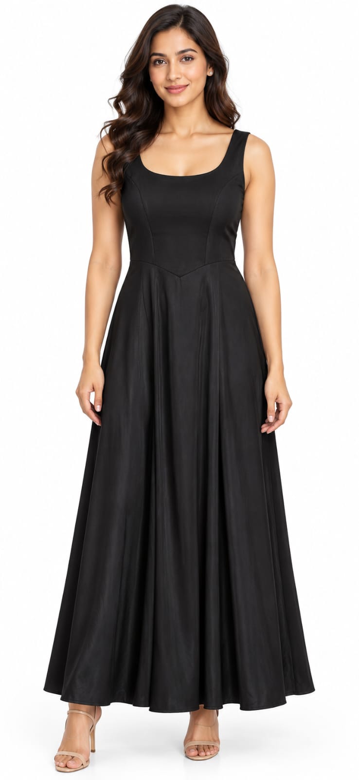 AAVARI Women’s Black Sleeveless Fit & Flare Maxi Dress with Scoop Neck