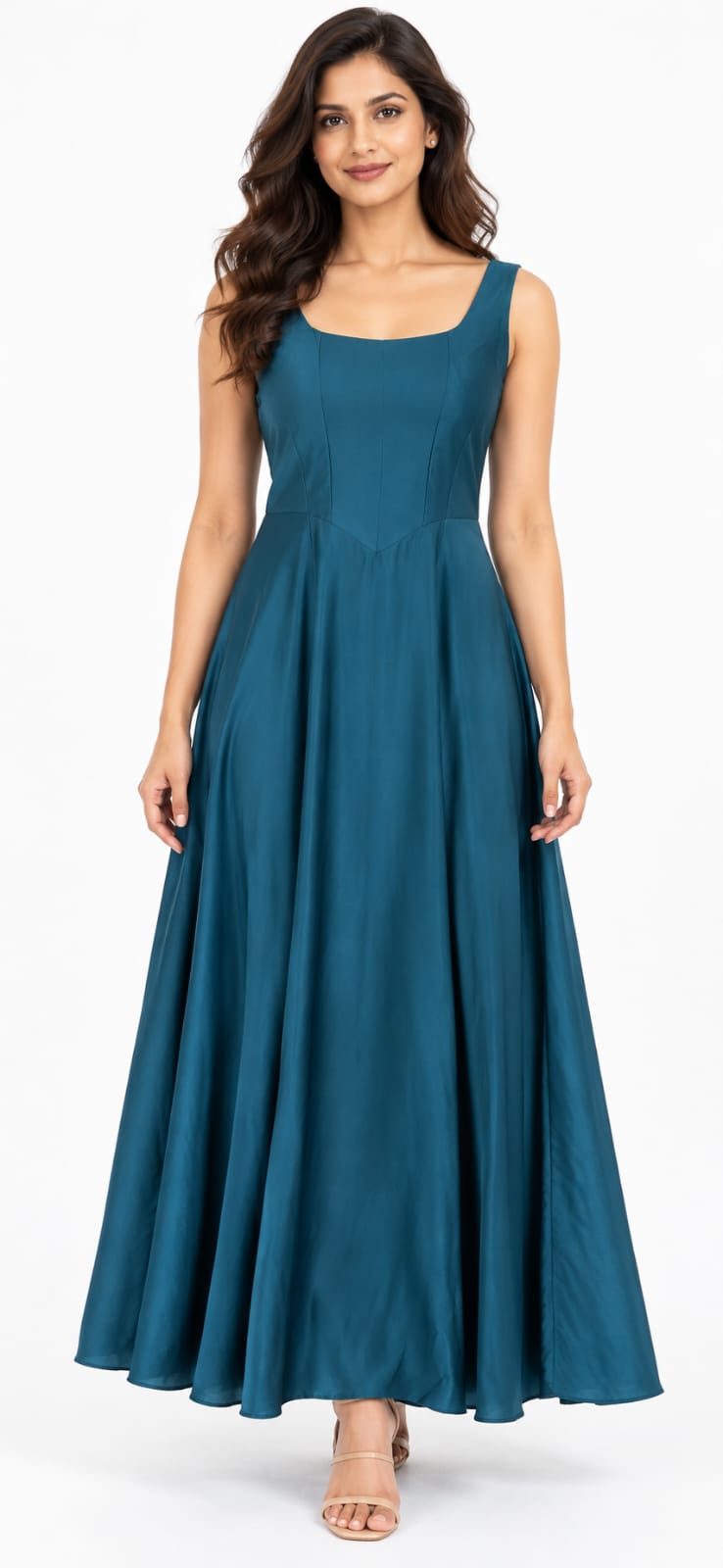 AAVARI Women’s Teal Blue Sleeveless Fit & Flare Maxi Dress with Scoop Neck