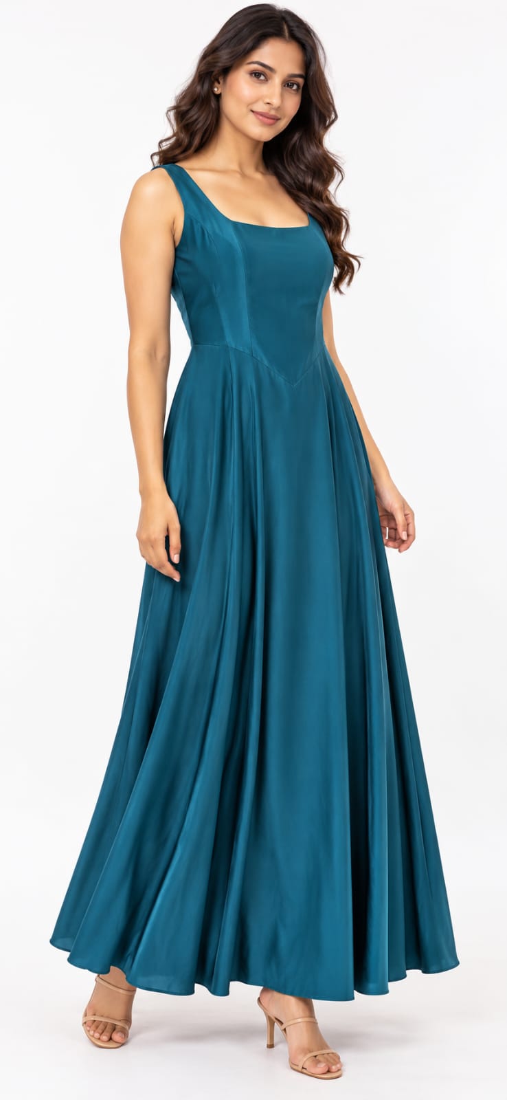 AAVARI Women’s Teal Blue Sleeveless Fit & Flare Maxi Dress with Scoop Neck
