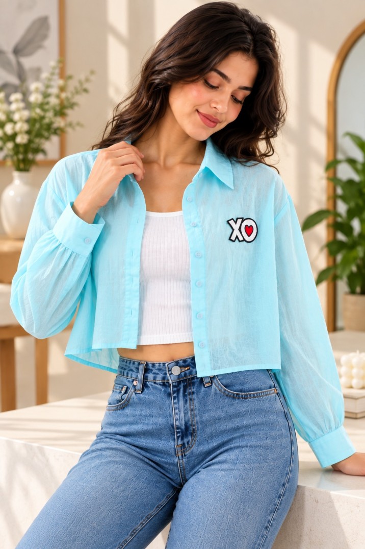 AAVARI Women’s Light Aqua Blue Textured Crop Shirt with XO Heart Patch & Long Sleeves