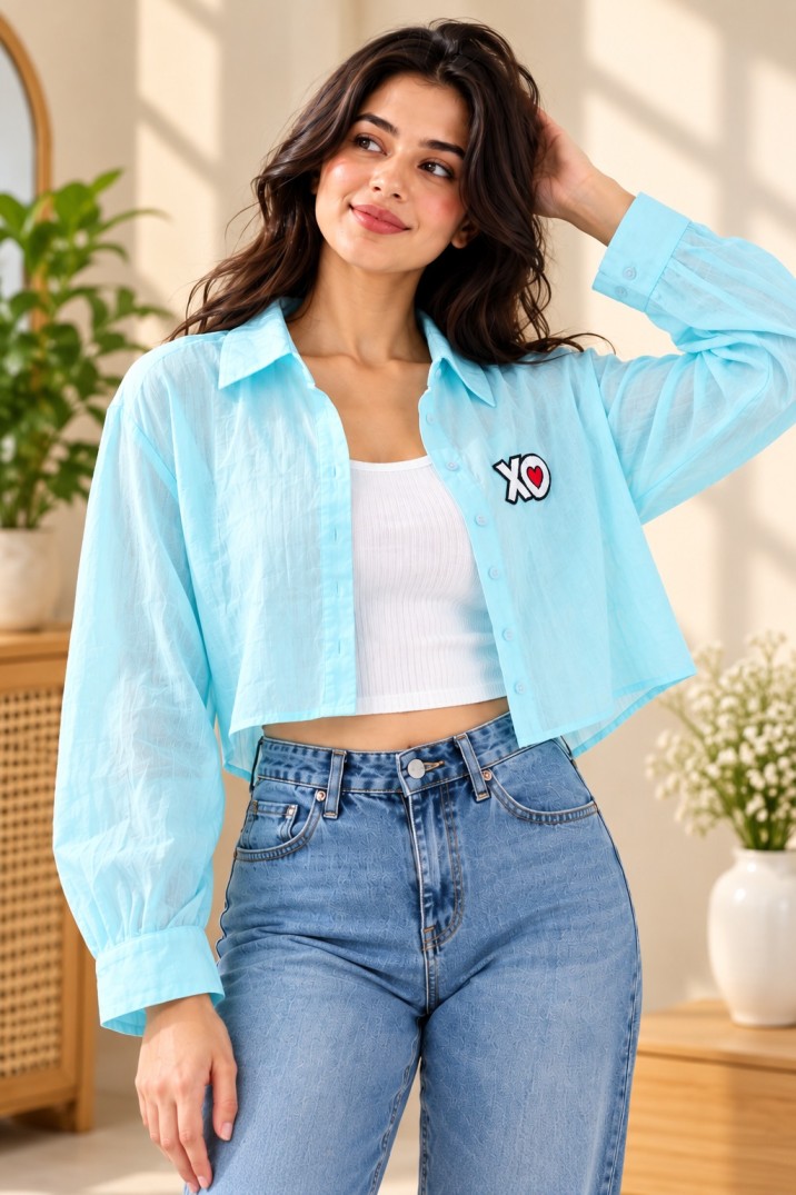 AAVARI Women’s Light Aqua Blue Textured Crop Shirt with XO Heart Patch & Long Sleeves