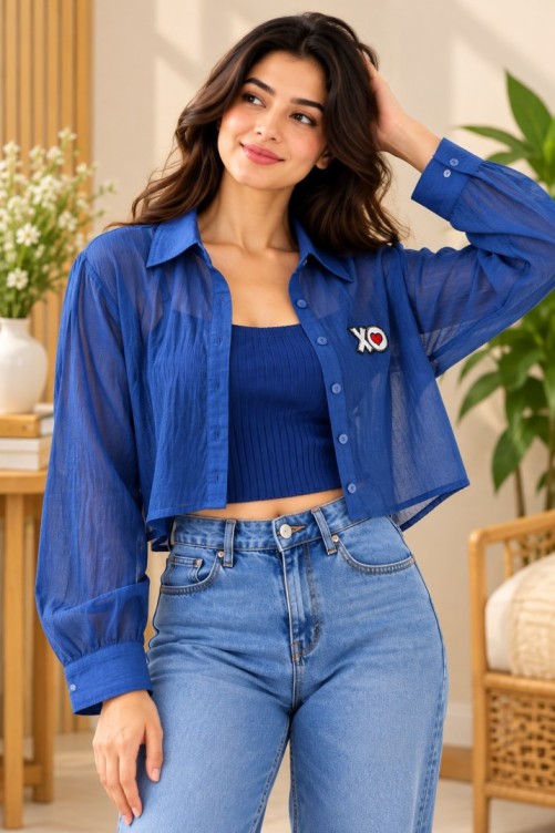 AAVARI Women’s Royal Blue Sheer Crop Shirt with Matching Ribbed