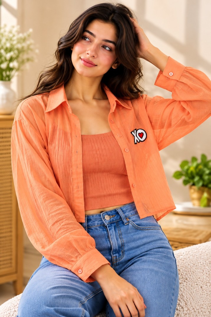 Women’s Peach Orange Sheer Cropped Shirt with Ribbed Crop Top