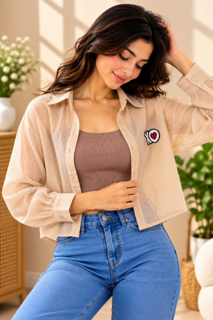 Women’s Beige 2-Piece Cropped Shirt & Inner Top Set