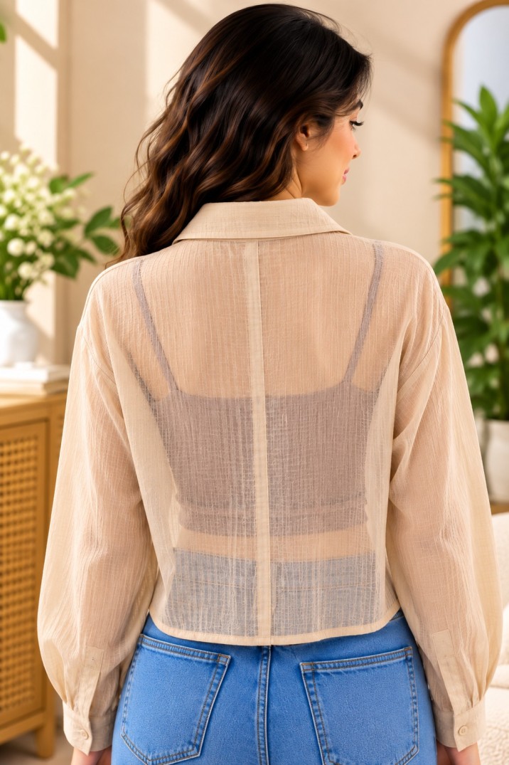 Women’s Beige 2-Piece Cropped Shirt & Inner Top Set