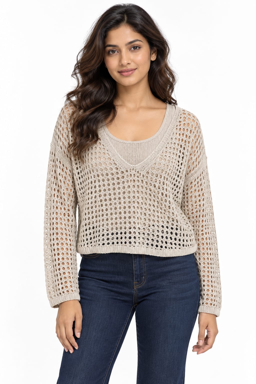 Women's Beige Open-Knit Cropped Sweater Set with Matching Inner Cami Top