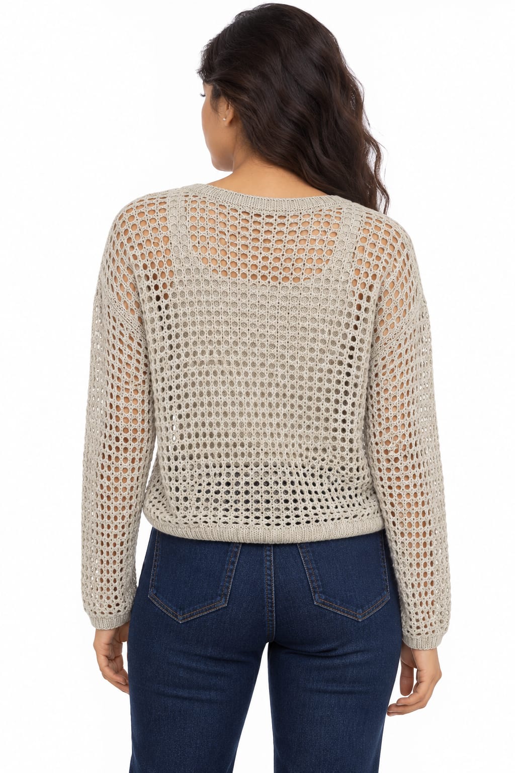 Women's Beige Open-Knit Cropped Sweater Set with Matching Inner Cami Top