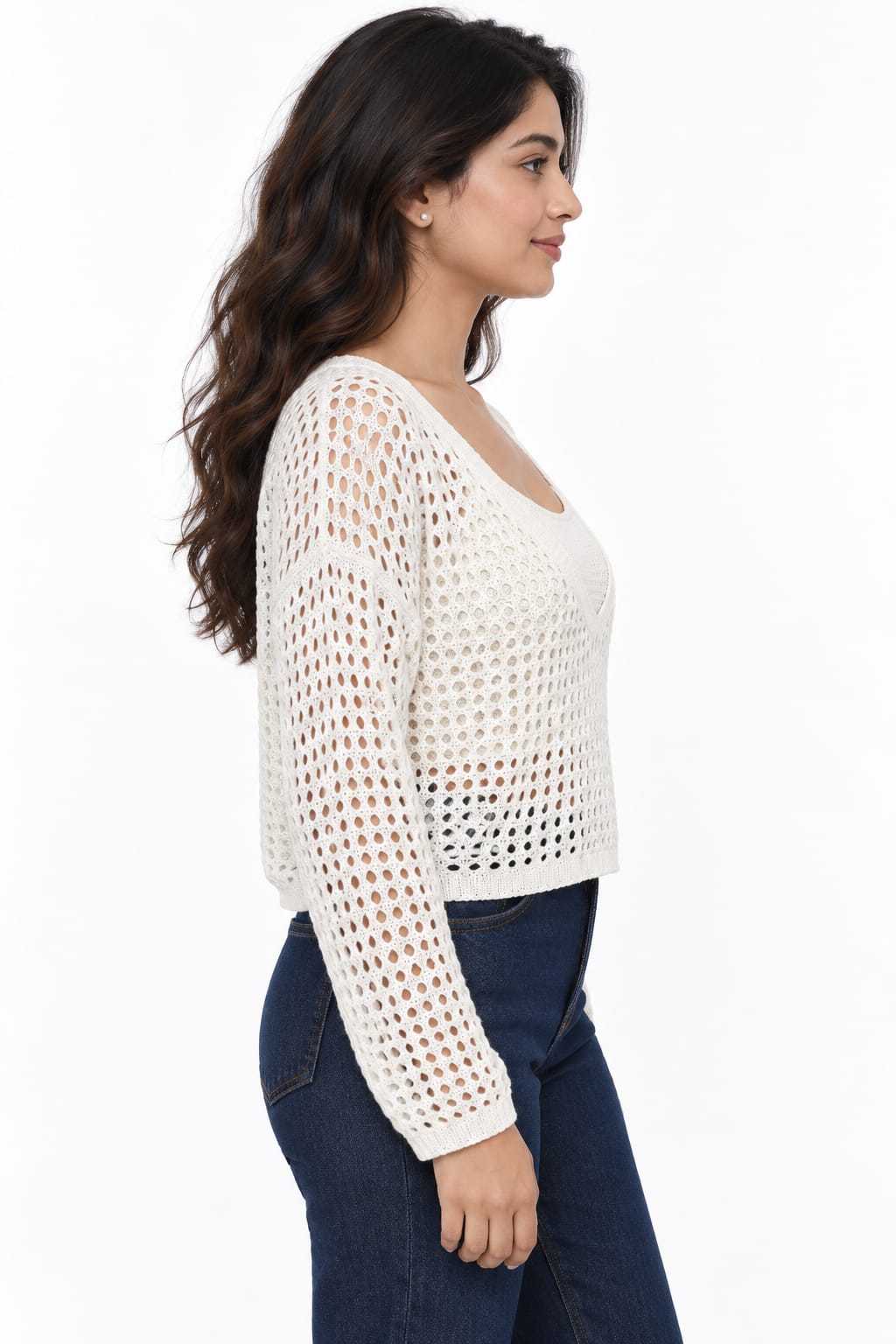 Women's Off-White Open-Knit Cropped Sweater Set with Matching Inner Tank Top
