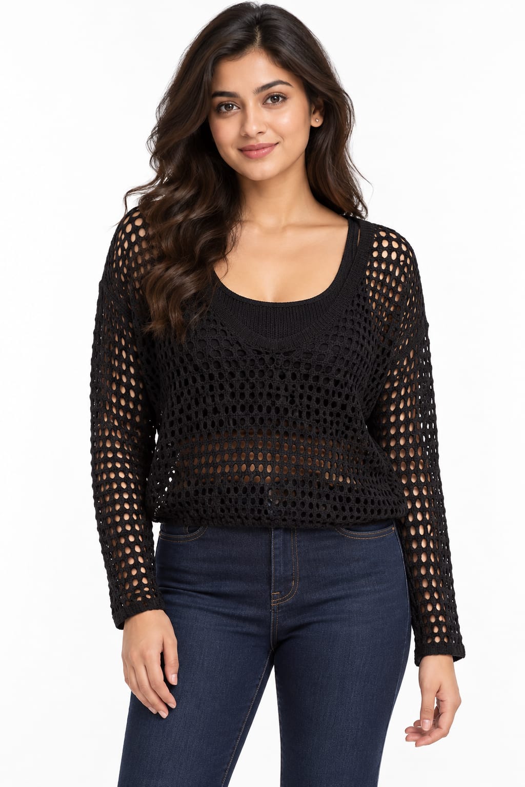 Women's Black Open-Knit Cropped Sweater Set with Matching Inner Tank Top