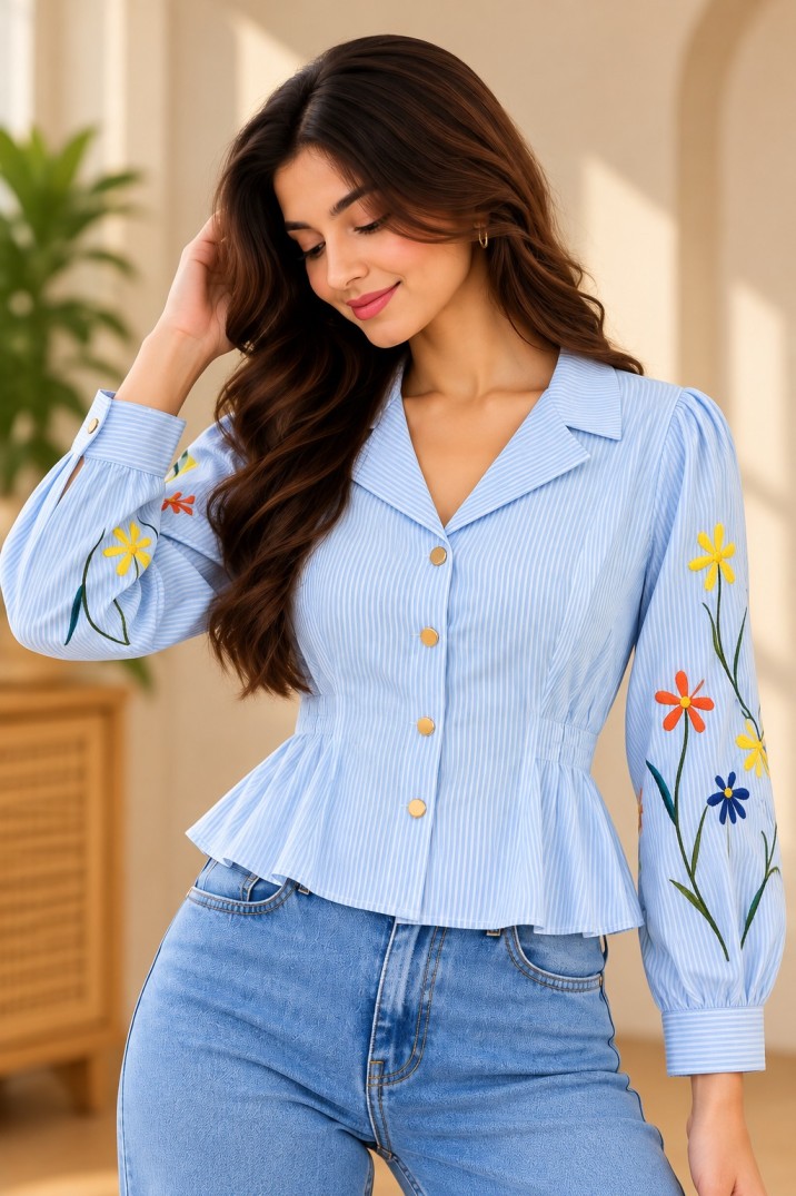 AAVARIGirl Women’s Light Blue Striped Floral Embroidered Peplum Blouse with Notch Collar