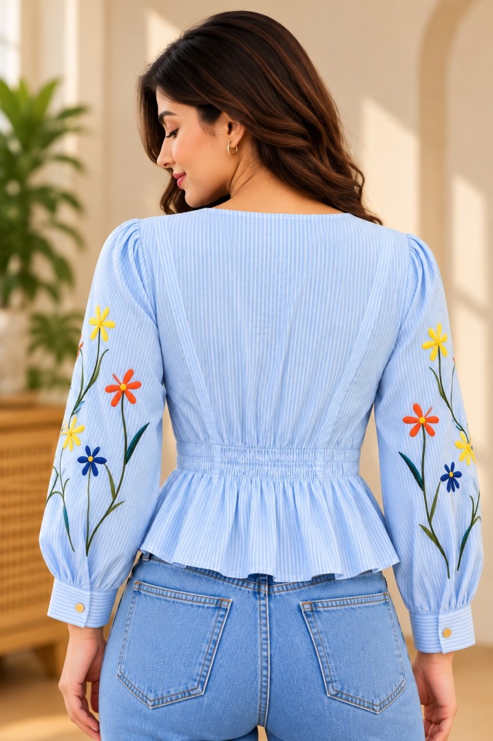AAVARIGirl Women’s Light Blue Striped Floral Embroidered Peplum Blouse with Notch Collar