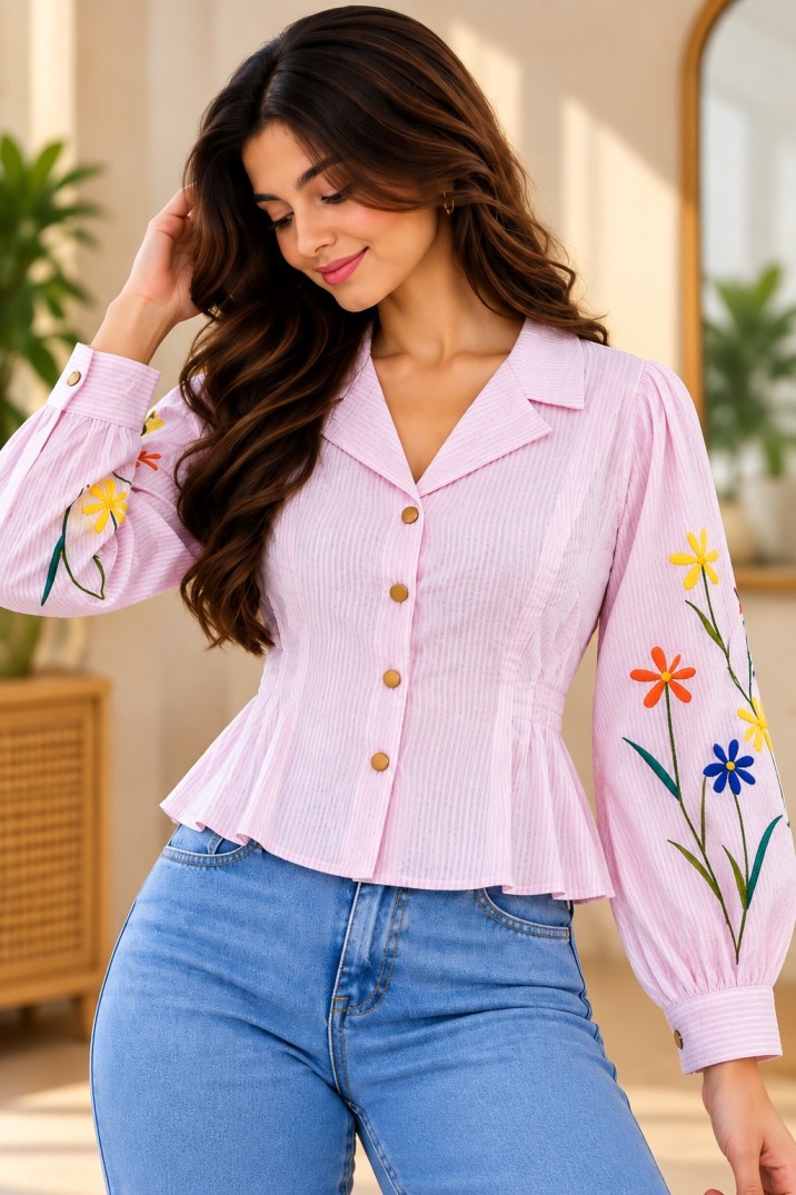 Women's Light Pink Striped Floral Embroidered Peplum Top with Notched Collar