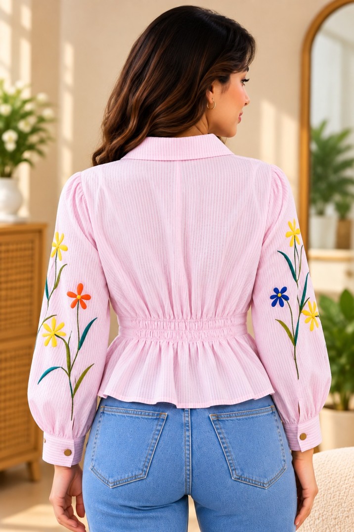 Women's Light Pink Striped Floral Embroidered Peplum Top with Notched Collar