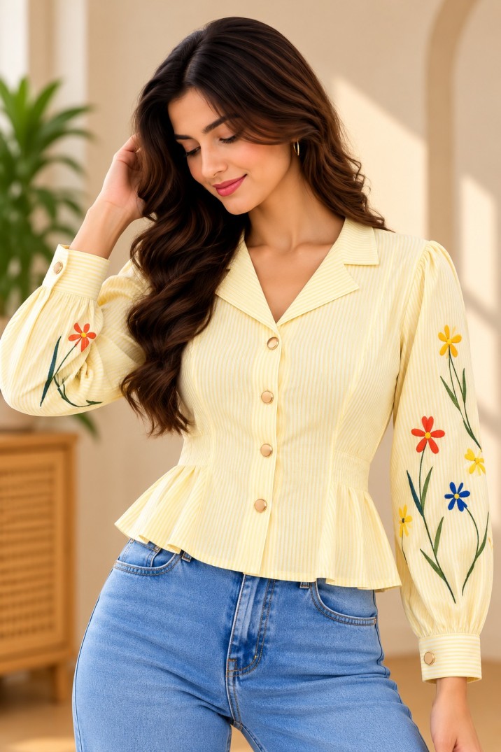 AAVARI Women’s Pale Yellow Striped Floral Embroidered Peplum Blouse with Lapel Collar