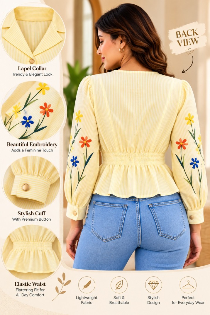 AAVARI Women’s Pale Yellow Striped Floral Embroidered Peplum Blouse with Lapel Collar
