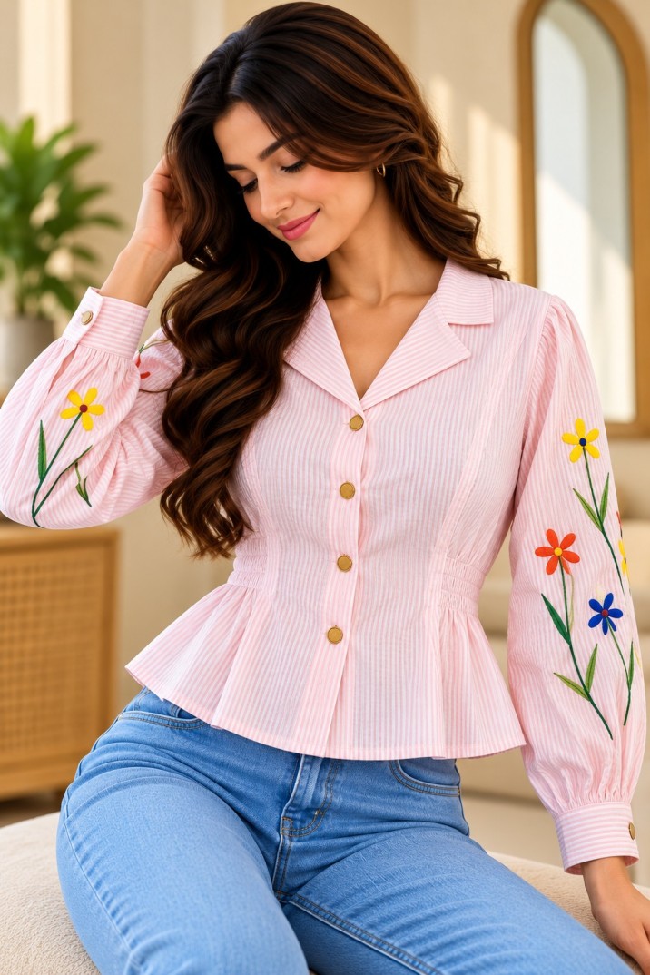 Pink Striped Floral Embroidered Peplum Top with Notch Collar