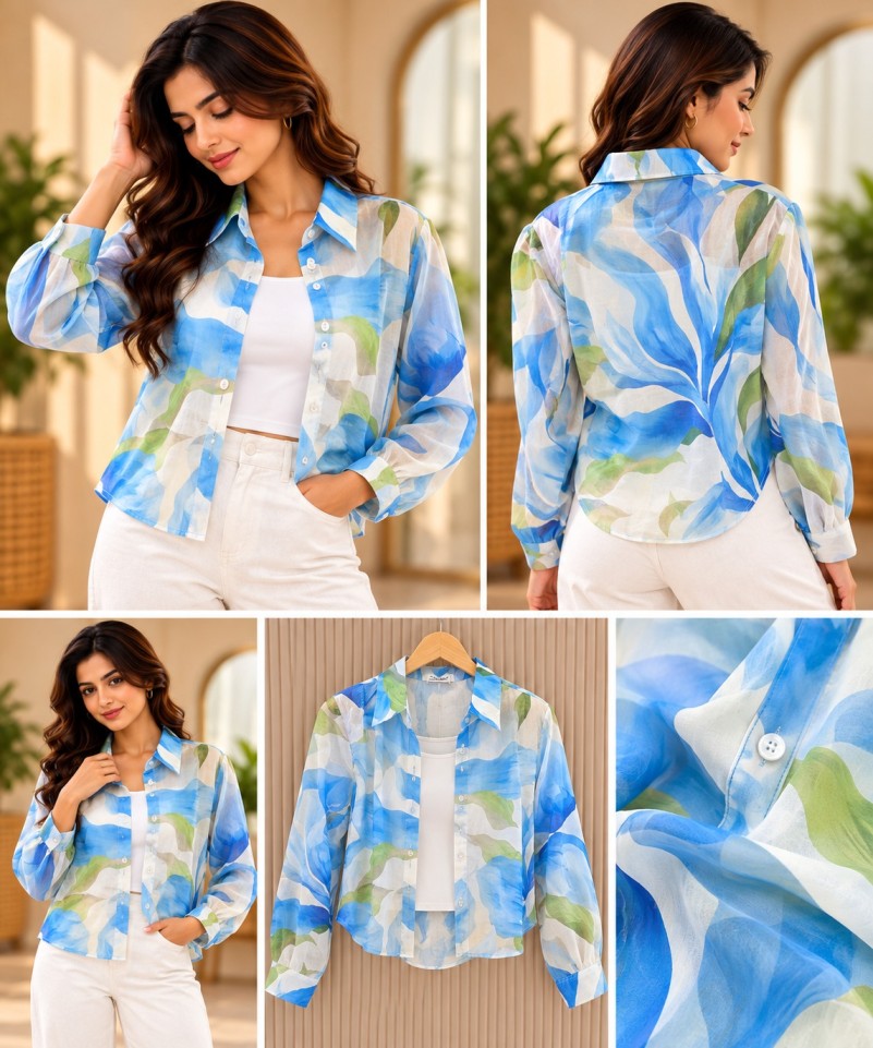 Women’s Sheer Blue & Green Watercolor Floral Print Button-Down Shirt