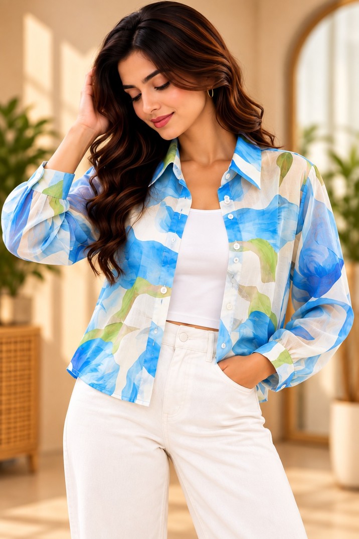 Women’s Sheer Blue & Green Watercolor Floral Print Button-Down Shirt
