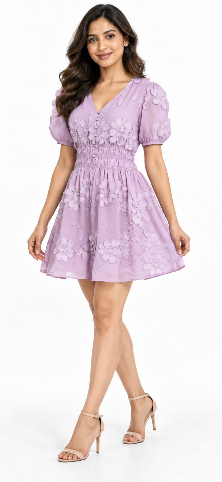 AAVARI Women’s Lavender 3D Floral Appliqué Mini Dress with V-Neck