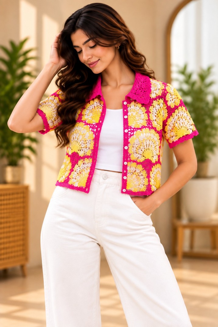 AAVARI Women’s Pink Multicolour Crochet Button-Front Crop Shirt